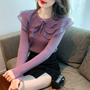 荷叶边娃娃领针织衫女2024甜美超仙内搭打底毛衣外穿紫色上衣