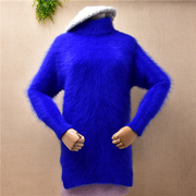 时尚秋冬保暖宝蓝色长毛水貂绒高领，修身显瘦长袖，套头毛衣女(毛衣女)r376