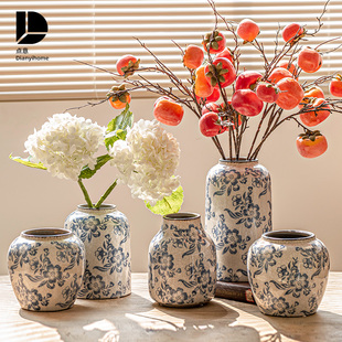 新中式青花瓷陶瓷花瓶景德镇轻奢高级感复古摆件，客厅插花干花水培
