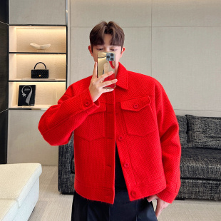 大红色亮色时髦夹克潮男韩版大东门秋冬款，高级感重磅网红外套潮流