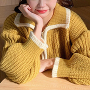 韩系慵懒学院风穿搭毛衣外套女2024早春姜黄色海军领针织开衫