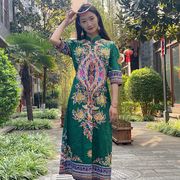 西双版纳泰国重工钉珠连衣裙中袖亮片绣珠民族风修身长裙短袖