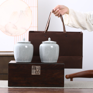 复古黑檀木礼盒高档陶瓷红茶绿茶礼盒双罐龙井茶定制茶叶包装