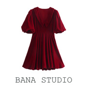 BANA外贸法式V领灯笼袖短袖丝绒短裙春装别致惊艳红色连衣裙