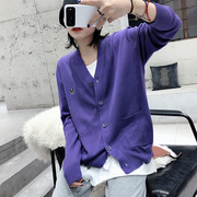 紫色宽松v领针织，薄款开衫短款毛衣外套女慵懒风秋季欧货