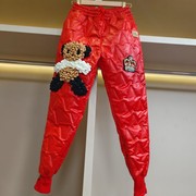 卡通小熊羽绒裤女外穿冬季松紧，腰红色哈伦裤显瘦加厚休闲束脚裤