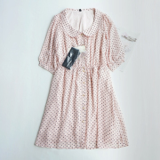 精致日系粉色波点短袖连衣裙优雅五分袖松紧腰裙子衬衫裙Q29女裙