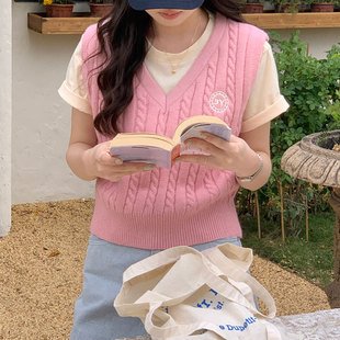 淡粉色毛衣女马甲日系甜美外搭无袖针织衫小背心小个子短款小坎肩
