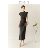 SHIBAI拾白新中式竹叶连衣裙日常改良旗袍年轻款高端气质黑色长裙