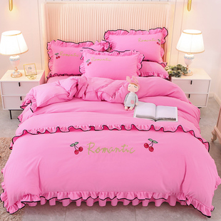 床裙款四件套绣花被套韩式蕾丝荷叶花边双人床罩18m婚庆套件紫色