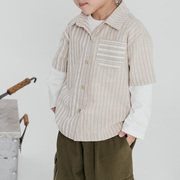 2022春夏户外 童装亲子 系列单口袋条纹造型棉麻短袖衬衫01024579