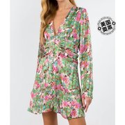 fanco粉色绿色花卉花卉，系扣长袖迷你早秋连衣裙，粉色绿色花
