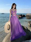 2024绝美紫色深v挂脖吊带，镂空连衣裙雪纺沙滩，裙海边度假气质飘逸