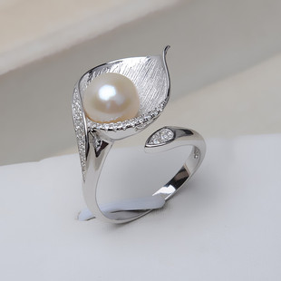s925纯银树叶开口天然淡水珍珠戒指气质，潮女款活口可调节大小指环