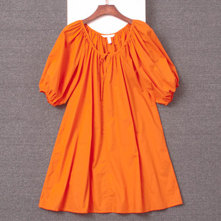 外贸单h家夏季女装，棉橘色连衣裙圆领系带，泡泡袖宽松a字短裙