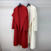 2023年冬季高级感翻领红色双面羊绒，大衣女系带，长款羊毛呢子外套厚