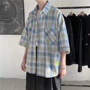 日系绿色格子短袖衬衫男ins潮夏季无性别七分袖衬衣oversize外套