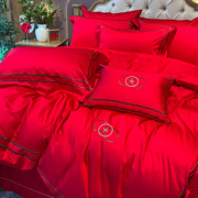 简约婚庆大红色四件套全棉100支长绒棉提花刺绣结婚被套床单纯棉