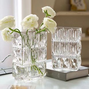 玻璃花瓶摆件客厅插花精致高级网红复古水晶玫瑰鲜花透明水晶方形