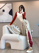 韩系红色休闲运动服套装女秋2023洋气港风炸街哈伦裤两件套潮