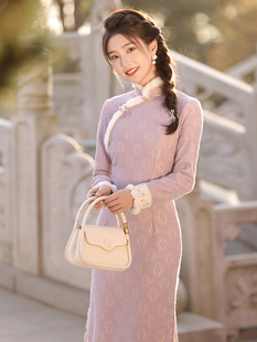 温婉气质淑女范紫色(范紫色，)旗袍2023冬季新中式，年轻款少女蕾丝加绒连衣裙
