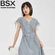 BSX裙子女装格子梭织V领绑带无袖背心薄连衣裙 18463911