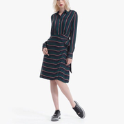 欧美时尚春秋英式风格优美利落线条洋气撞色条纹通勤系腰带连衣裙