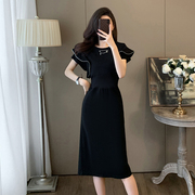 荷叶袖时尚连衣裙女夏季设计感高腰洋气收腰显瘦中长款黑裙子