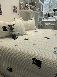 可爱蓝条猫咪a类夹棉，绗缝床盖三件套卡通，床单人榻榻米柔软床垫子