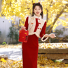 红色过年旗袍2024秋冬季长袖加厚龙年拜年服过年新年马甲唐装