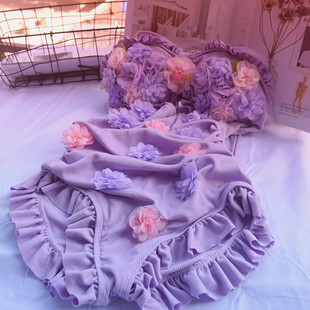 新花朵紫色三角连体裙式显瘦保守游泳衣女泡温泉沙滩度假甜美少女