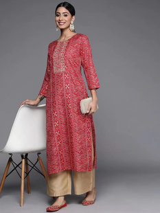 2023春印度女装圆领套头大红色印花丝棉上衣民族风宽松长衫