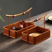竹制品手工竹编复古茶具，收纳筐点心篮日式家用整理篮手提篮干果盘