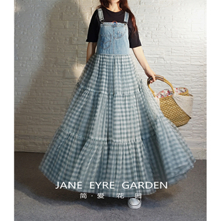 简爱花园  原创设计牛仔背带连衣裙宽松遮肚外搭格子网纱蓬蓬裙
