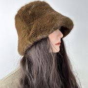 灰色毛毛帽子女生冬季2023加厚保暖护耳盆帽显脸小毛绒渔夫帽