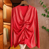 红色气质醋酸金粉面料法式褶皱收腰衬衫高级感洋气独特别致上衣