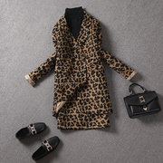 韩国毛呢套装女秋冬西装外套小个子洋气中长款豹纹短裙两件套