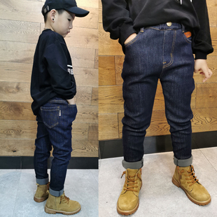 男童加绒牛仔裤子2024冬季一体，绒蓝色净色韩版小脚修身儿童铅笔裤