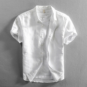 夏季亚麻短袖衬衫男士，休闲棉麻白色衬衣纯色，t恤薄上衣男款潮