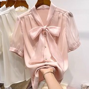 法式蝴蝶结系带短袖雪纺衬衫，女夏季设计感小众洋气减龄上衣潮