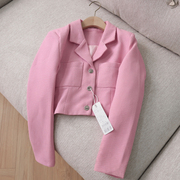 k433纯色口袋香风短款外套女装，设计感小众2023春秋粉色小西装