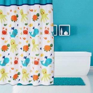 卫生间欧式浴帘加厚防霉防水环保挡水帘淋浴间，卡通涤纶布海洋世界