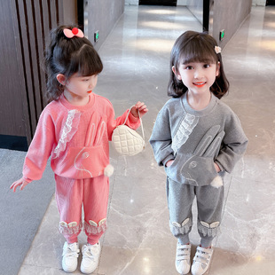 女童洋气套装2024春秋，女宝宝纯色韩版两件套可爱小兔童装潮款