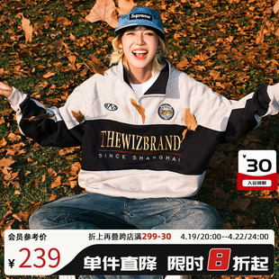 THEWIZBRAND 春秋美式复古拼接半拉链刺绣立领加绒学院风卫衣男女