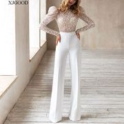Lace long-sleeved backless jumpsuit 白色蕾丝长袖露背连体长裤