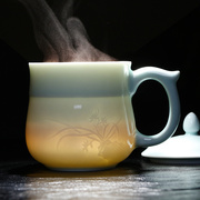 景德镇茶杯陶瓷带盖水杯家用个人杯子女士办公杯青瓷雕刻杯440ml