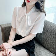 蝴蝶结白色雪纺衬衫女夏季2024年洋气职业衬衣韩版设计感上衣