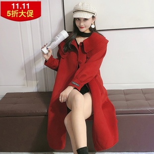 红色双层娃娃领双面羊毛大衣女秋冬中长款宽松加厚毛呢外套潮