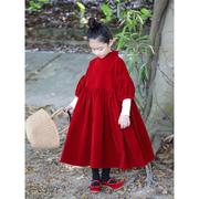 女童秋冬连衣裙红色本命年裙子，黑色泡泡袖，亲子装中大童丝绒生日裙