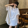 韩国2024夏季白色短袖衬衫，女宽松大码胖mm慵懒风中长款设计感衬衣